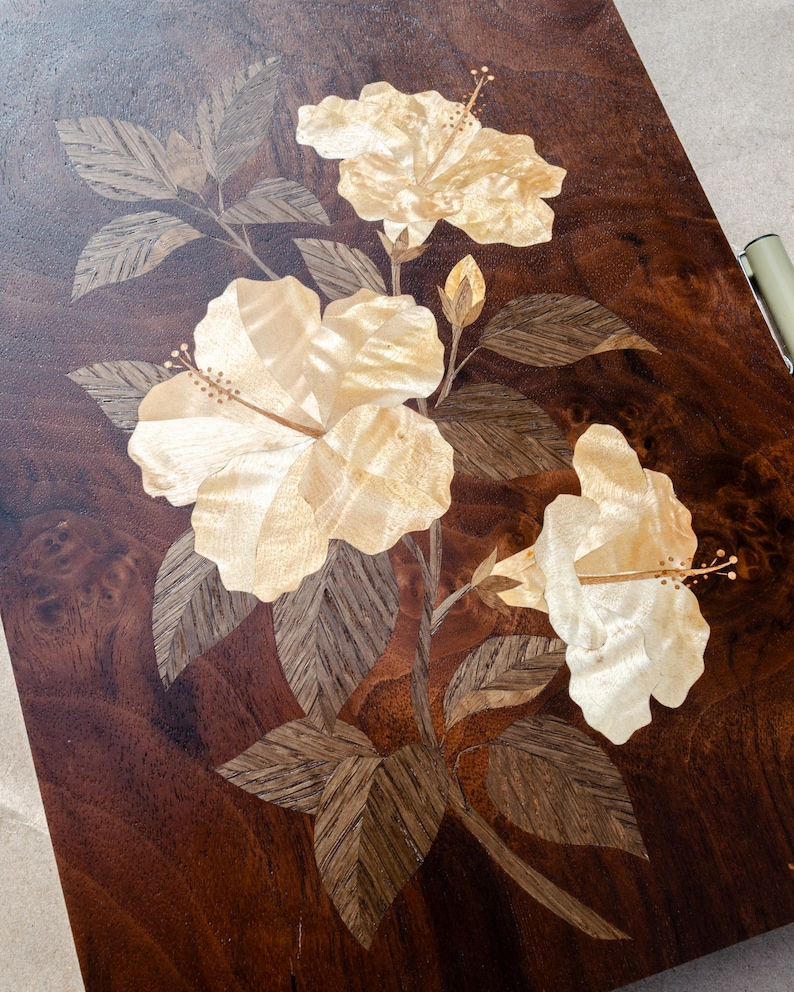 Hand Carved Marquetry Hibiscus Wall Art, Bog Oak Wood Inlay ...