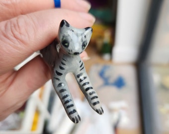 Handmade silver tabby cat figure, grey striped kitten