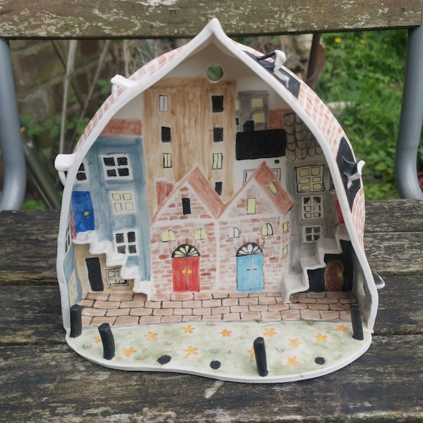 Cityscape window shrine. Handmade porcelain wall art, houses painting