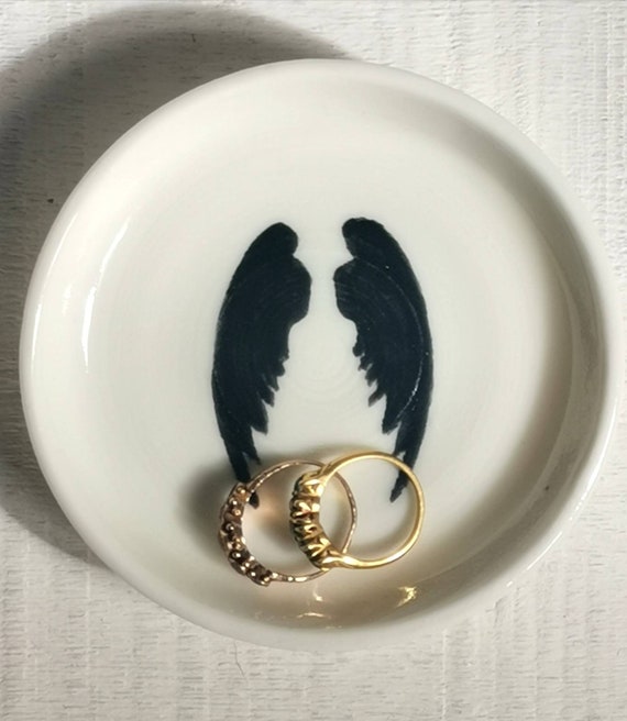 Handmade Porcelain Ring Dish, Angel Wings Trinket Tray