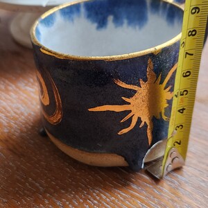 Handmade mug with gold sun detail, 22ct gold, stoneware with blue glaze image 6