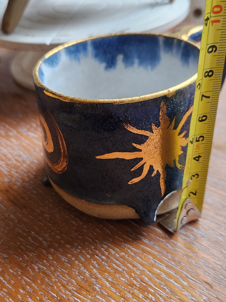 Handmade mug with gold sun detail, 22ct gold, stoneware with blue glaze image 6