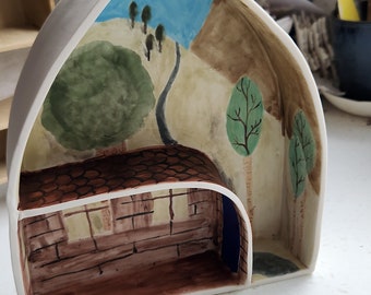 Imagination window, handmade porcelain shrine, hand painted countryside scene