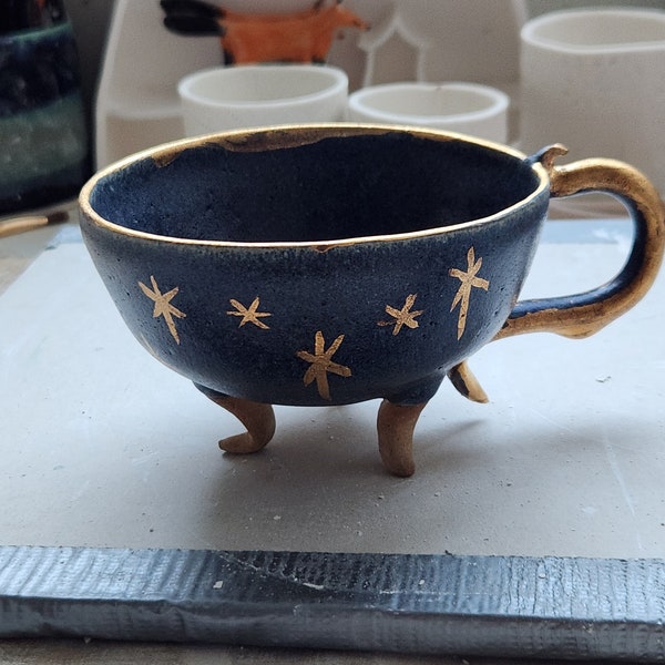 Cup on legs, handmade stoneware blue glazed cup with feet
