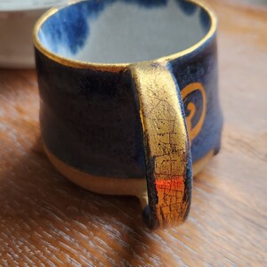 Handmade mug with gold sun detail, 22ct gold, stoneware with blue glaze image 4