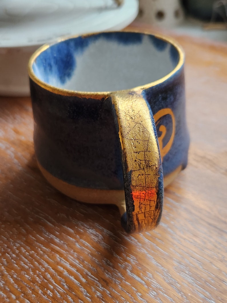 Handmade mug with gold sun detail, 22ct gold, stoneware with blue glaze image 4