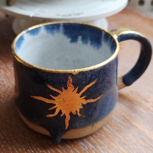 Handmade mug with gold sun detail, 22ct gold, stoneware with blue glaze image 1