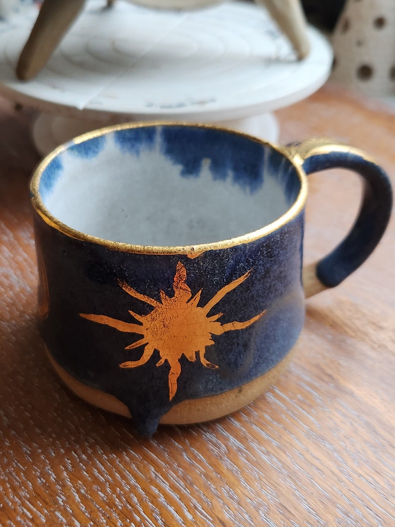 Handmade mug with gold sun detail, 22ct gold, stoneware with blue glaze image 1