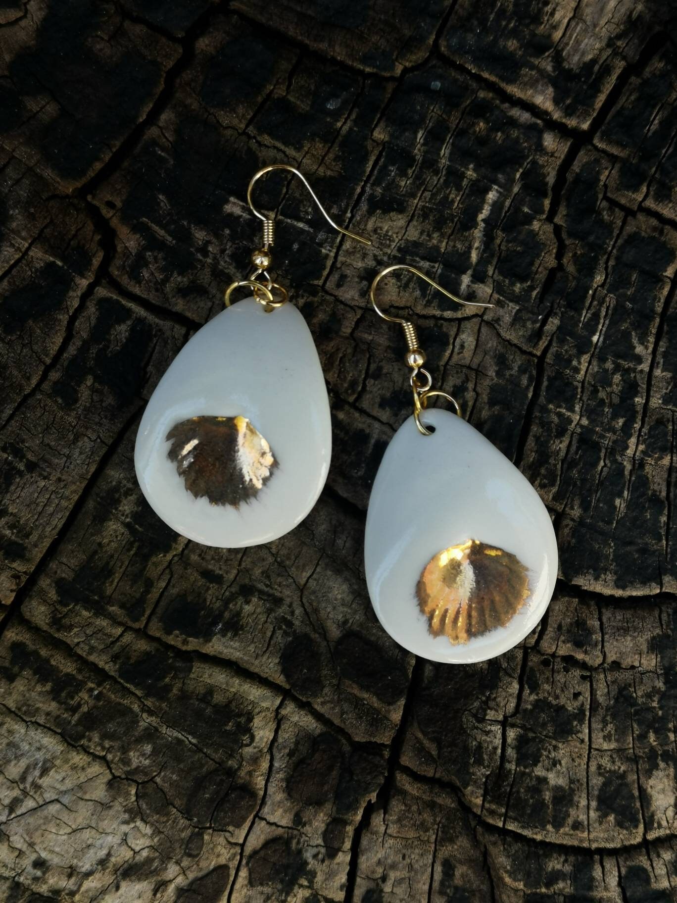 Boucles D'oreilles Vintage - Porcelaine Peinte Main Monture Métal Doré - Occasion Bon état