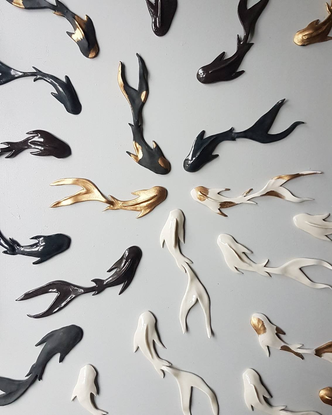 30 beautiful handmade wall art porcelain koi carp goldfish  fabulous for any interior design. Metallic gold fish, wall decor, design minimal