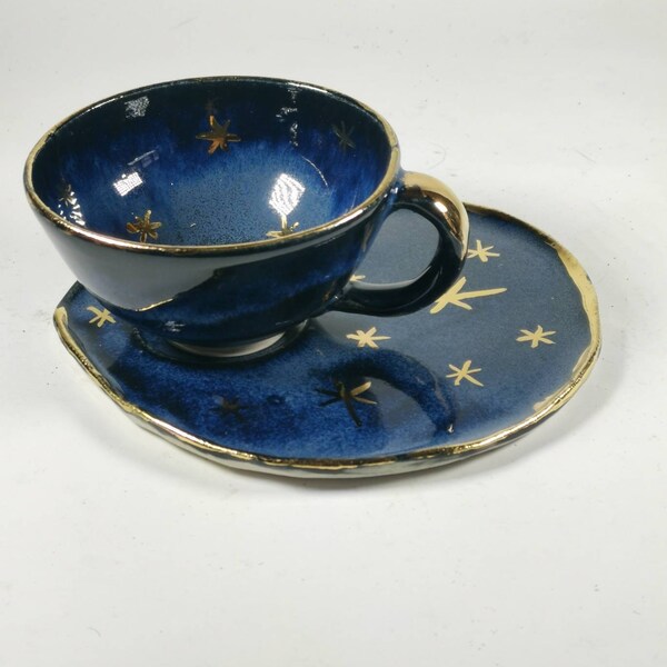 Magical handmade cup and cake saucer with gold stars