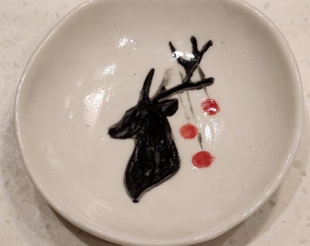 Reindeer with baubles ring dish, hand made hand painted porcelain trinket bowl