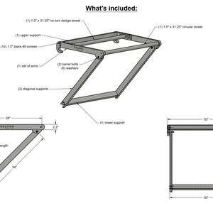 May include: Diagram showing the parts included in a folding wall-mounted shelf kit. The kit includes two diagonal supports, two barrel bolts, five washers, a set of arms, an upper support, a lower support, a 1.5 inch by 31.25 inch no-turn design dowel, and ten 1.5 inch black #8 screws. The shelf is 32 inches wide and 30 inches deep.