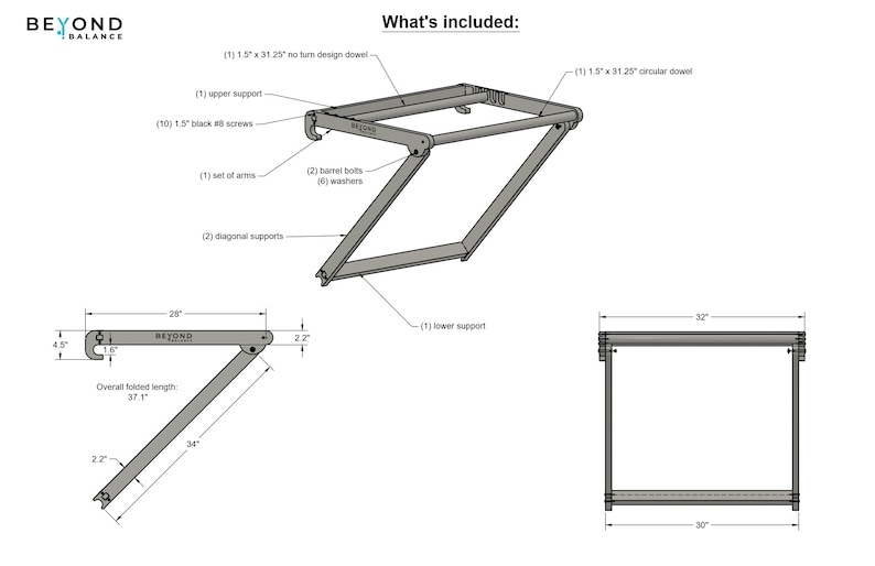 May include: Diagram showing the parts included in a folding wall-mounted shelf kit. The kit includes two diagonal supports, two barrel bolts, five washers, a set of arms, an upper support, a lower support, a 1.5 inch by 31.25 inch no-turn design dowel, and ten 1.5 inch black #8 screws. The shelf is 32 inches wide and 30 inches deep.