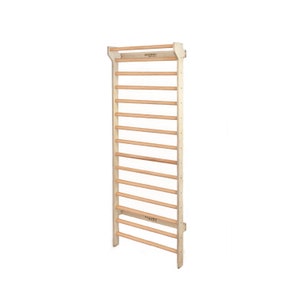 May include: A wooden wall-mounted pull-up bar with 14 rungs. The bar is made of natural wood and has a light brown finish. The bar is labeled "Beyond" on the top and bottom.