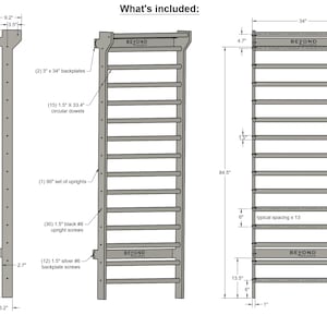 May include: A diagram showing the parts included in a wooden climbing wall. The wall is 84.5 inches tall and 34 inches wide. The parts include two 3-inch by 34-inch backplates, 15 circular dowels, one set of 90-inch uprights, 30 black 1.5-inch upright screws, and 12 silver 1.5-inch backplate screws.