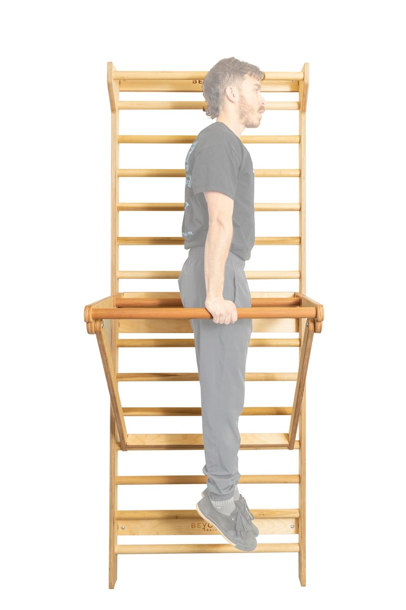 May include: A person doing a dip exercise on a wooden wall-mounted pull-up bar. The bar is attached to a wooden wall ladder with the text "BEYOND" printed on the bottom rung.