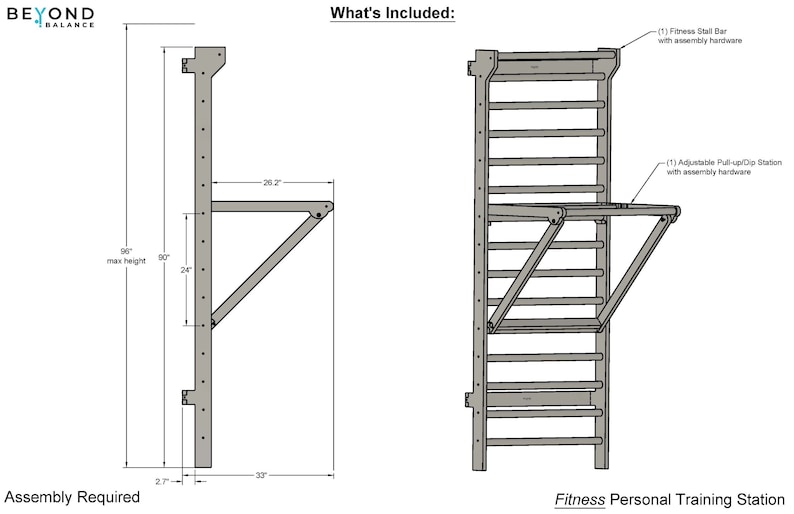 May include: A gray metal fitness personal training station with a pull-up bar and dip station. The station is 96 inches tall and requires assembly. What's Included: (1) Fitness Stall Bar with assembly hardware (1) Adjustable Pull-up/Dip Station with assembly hardware