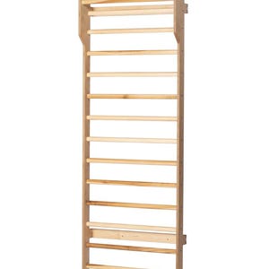 May include: A wooden wall-mounted pull-up bar with 14 rungs. The bar is made of natural wood and has a light brown finish.