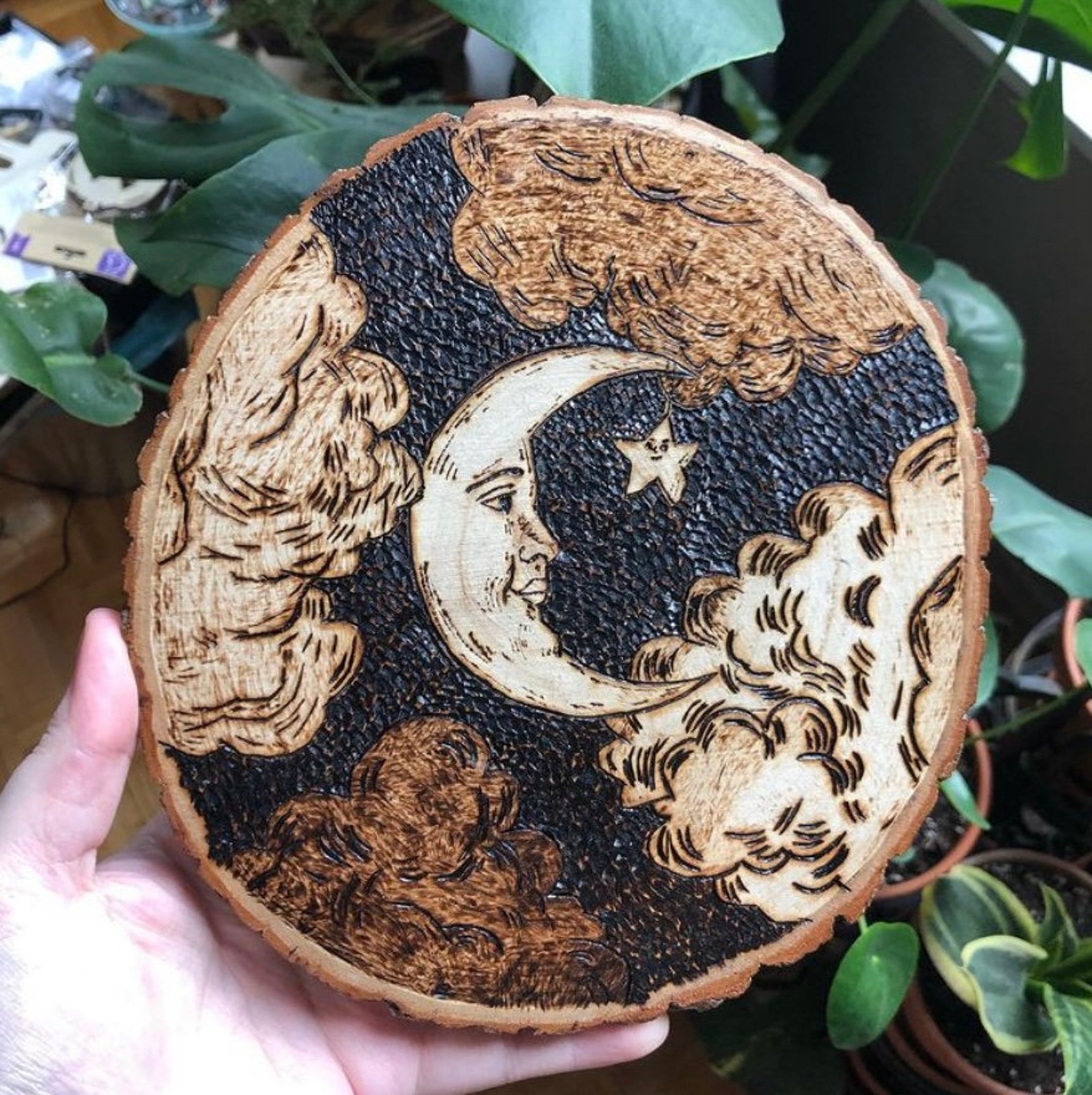 Moon in the Clouds Wood Burning Etsy