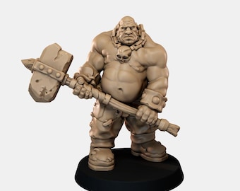 May include: A beige unpainted miniature figure of a muscular humanoid creature with a bald head, wearing a skull necklace and wrist cuffs, holding a large stone-textured hammer with a studded handle, standing on a circular black base.