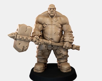 May include: A beige, unpainted miniature figurine of a muscular, bald humanoid character with scars on the chest and arms. The figure wears tattered pants and holds a large, heavy, stone-like hammer with a studded handle in both hands.