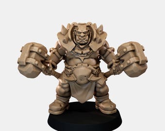 May include: A tan-colored miniature figurine of a muscular humanoid creature with a broad face and tusks. The figure wears spiked shoulder armor and a belt with a large buckle, holding a heavy, blocky hammer in each hand on a black base.