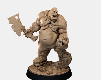 May include: A beige unpainted miniature figure of a muscular, stout humanoid creature with a large belly, wearing a necklace of teeth, holding a notched meat cleaver in one hand and a small skull in the other, standing on a textured base.