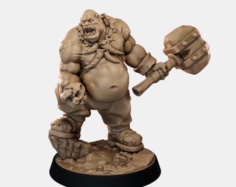 May include: A tan-colored miniature figurine of a muscular, stout humanoid creature with a large belly, wearing a spiked collar and holding a heavy, blocky hammer in one hand and a small skull in the other, standing on a circular base.