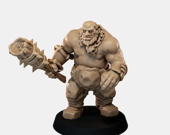 May include: A beige unpainted miniature figurine of a muscular humanoid giant standing on a black circular base. The figure has a beard, wears a chain around the neck, and holds a large spiked wooden club in the right hand.