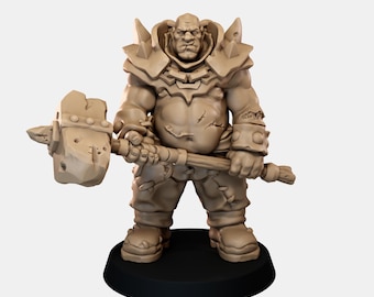 May include: A beige unpainted miniature figurine of a muscular humanoid warrior with a scarred torso, wearing spiked shoulder armor and heavy boots, holding a large, weathered stone-textured hammer with both hands on a black base.