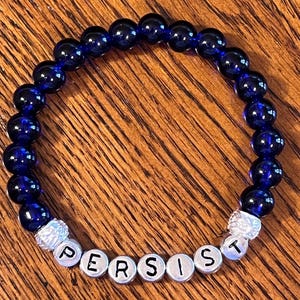 PERSIST bracelet, blue cobalt glass beads, women&#39;s empowerment, resist, feminism, fdt, stretch,