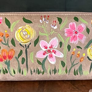 Vegan Leather Hand-painted Wallet, one of a kind, unique, flowers, phone holder, wristlet