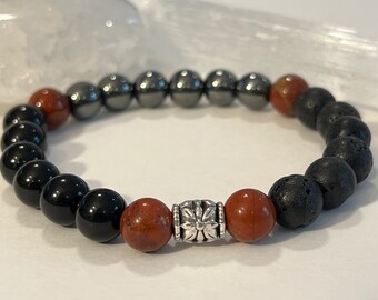 Root Chakra Bracelet, Hematite, Onyx, Lava, Red Jasper