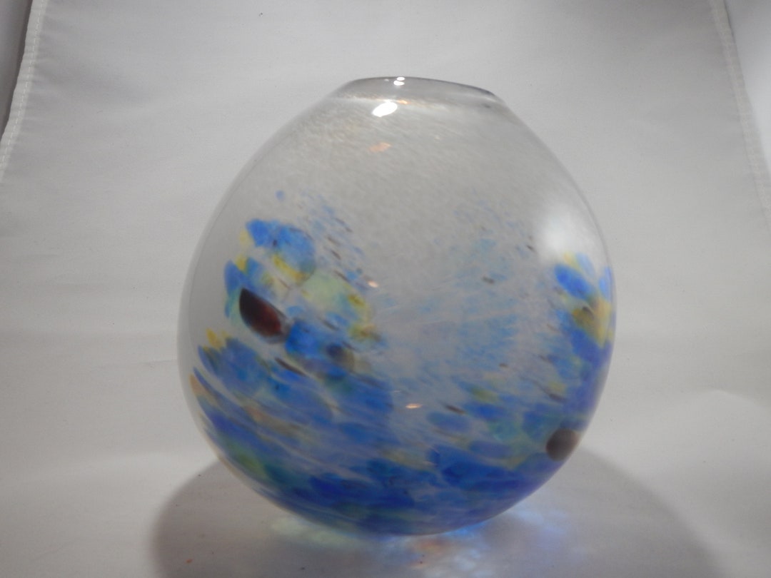 Gray Hand Blown Glass Vase With Blue and Yellow Accents Etsy