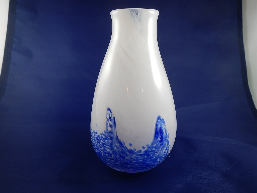 Hand Blown Glass Vase, White Vase, Blue Accents Etsy