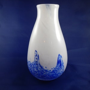 Hand blown glass vase, White vase, Blue accents