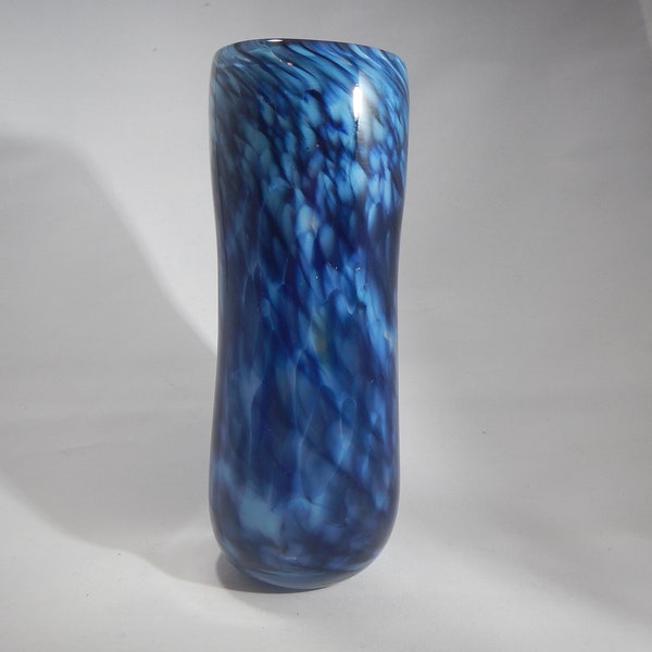 Small cylindrical hand blown blue patterned glass vase