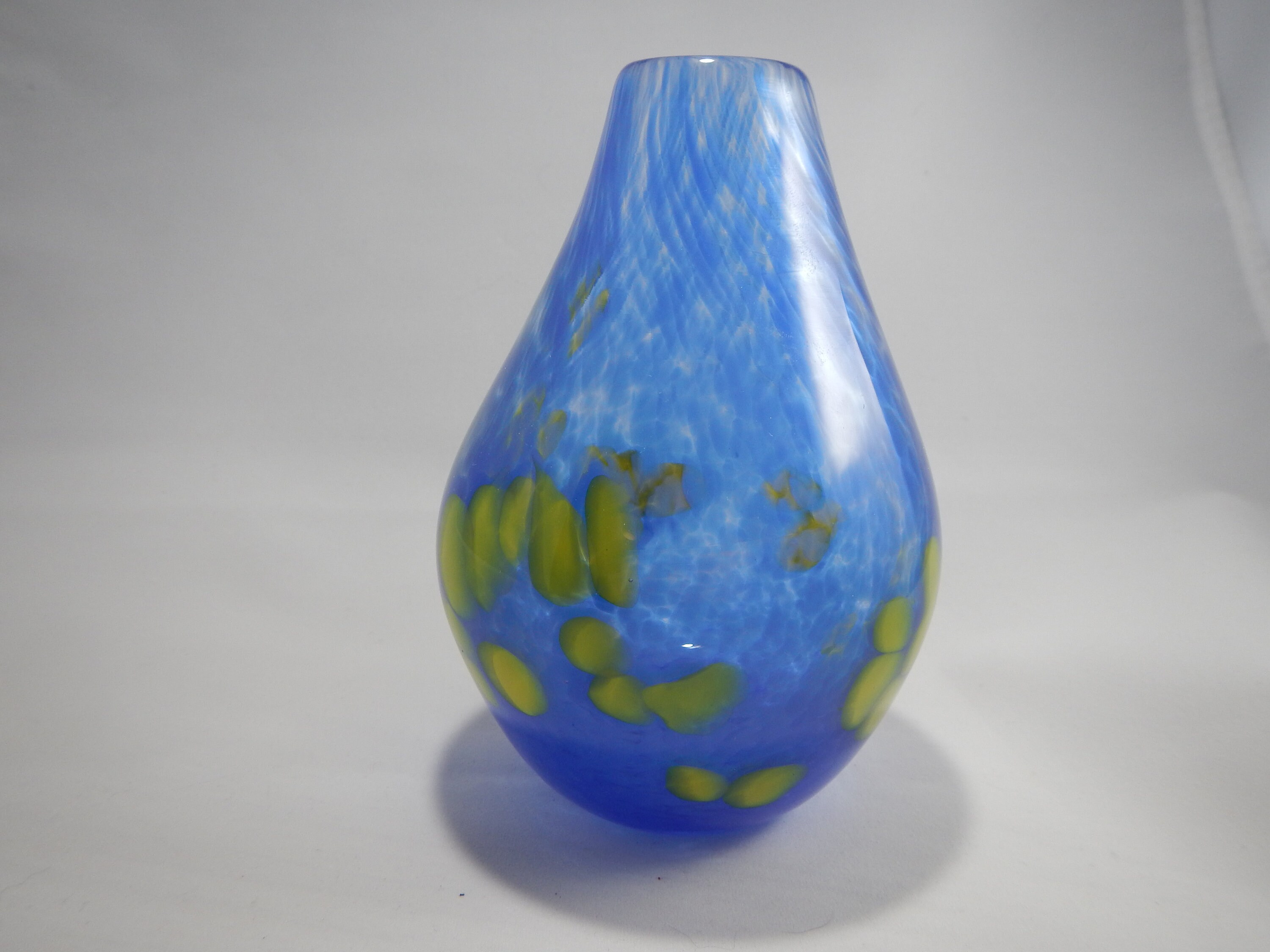 Small Hand Blown Glass Vase Blue With Yellow Accents Etsy
