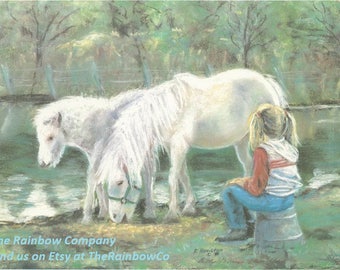 Impresión artística de sorpresa de cumpleaños, niña rubia, poni, caballo, coletas y ponis, equitación, estanque, tareas domésticas, Betty Morris Hamilton