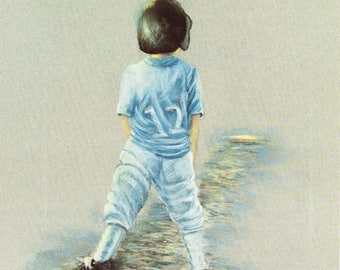 Listo para correr, impresión artística de una pintura original, niños, béisbol, deportes, infancia, recuerdos, Betty Morris Hamilton
