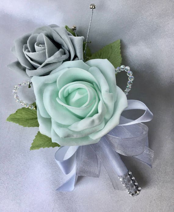Artificial Wedding Flowers Buttonholes Boutonnieres Ladies Corsage Mint Green And Grey Roses With Crystals And Diamantes