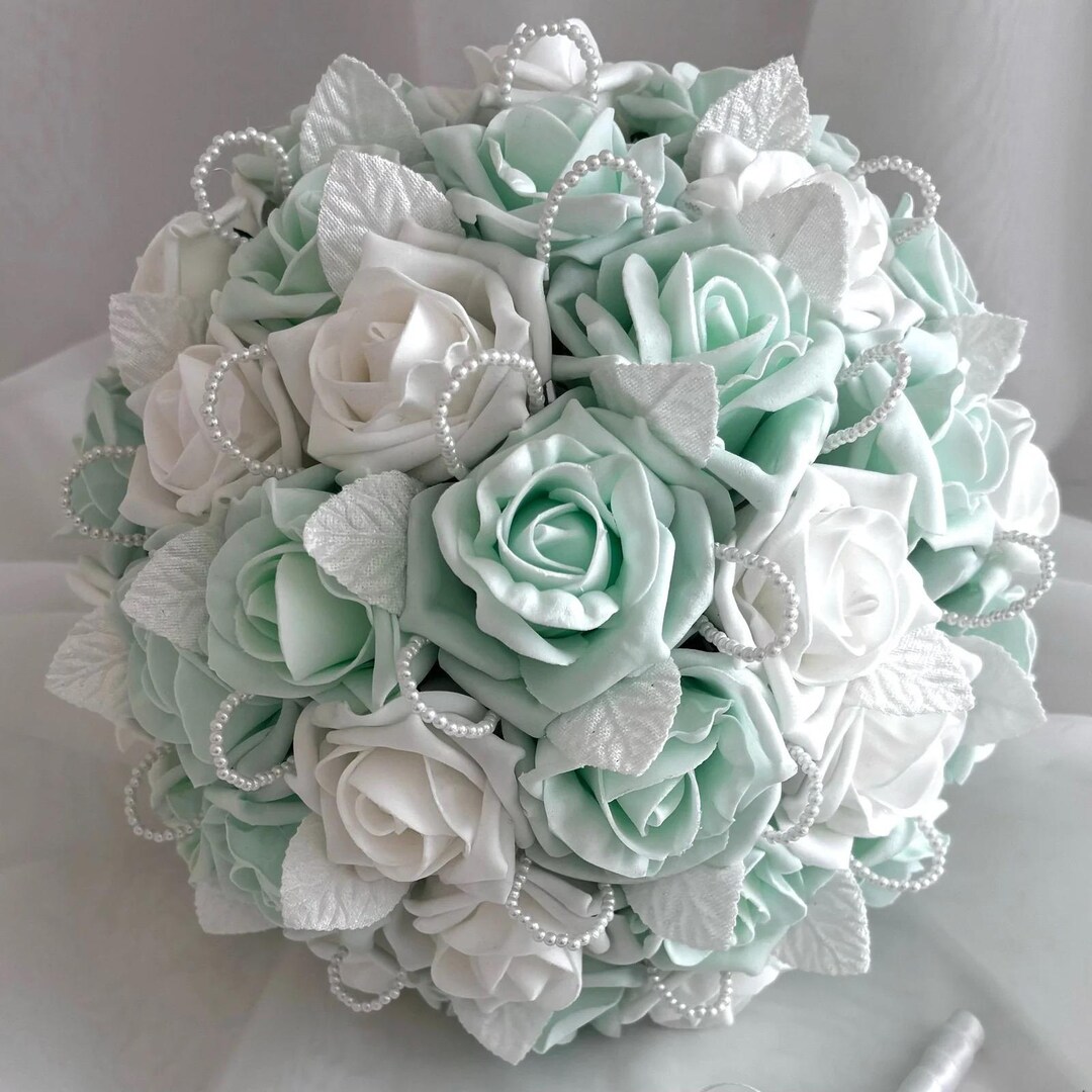 Artificial Wedding Bouquet Mint Green Bridal Flowers Brides White
