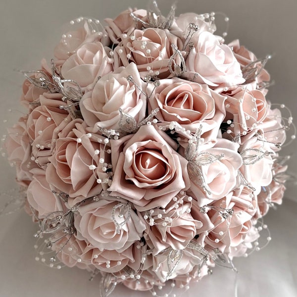 Artificial Wedding Bouquet Blush Pink and Mocha Pink Roses | Bridal Bouquet | Brides Faux Flowers | Bridesmaids | Flower Girls FL55