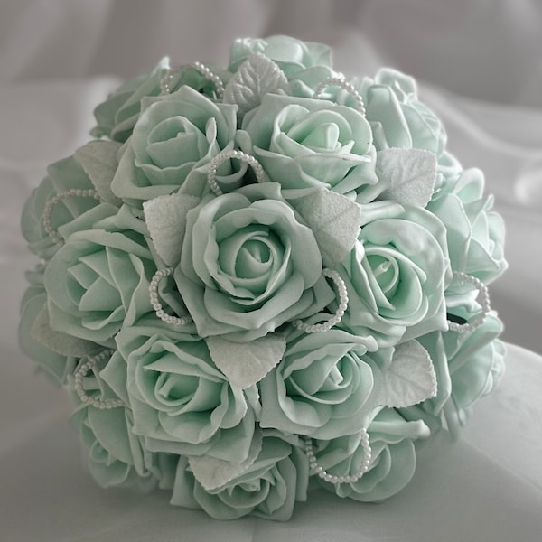 Mint Green Wedding Bouquet Artificial Bridal Flowers Brides Rose Wedding Bouquet Faux Wedding Flowers Bridesmaid Bouquet