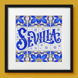 Sevilla Tile Hand Lettered Print Art Print Lettering Print Faux Tile Home Decor Spanish Tile Art Unframed image 1