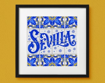 Sevilla Tile Hand Lettered Print | Art Print | Lettering Print | Faux Tile | Home Decor | Spanish Tile Art | Unframed