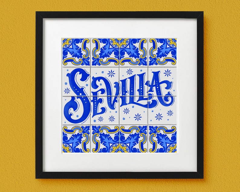 Sevilla Tile Hand Lettered Print Art Print Lettering Print Faux Tile Home Decor Spanish Tile Art Unframed image 1