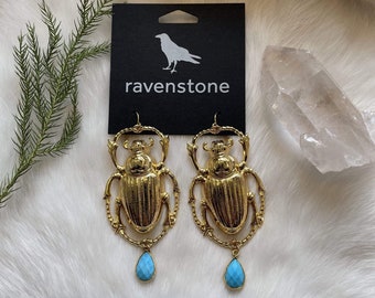 The Giant Golden Scarab and Turquoise Earrings | Ravenstone | Nickel-Free Jewelry