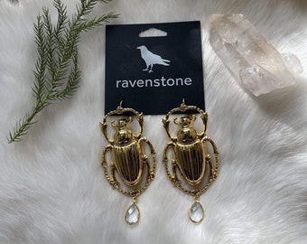 The Giant Golden Scarab and Clear Quartz Earrings | Ravenstone | Nickel-Free Jewelry